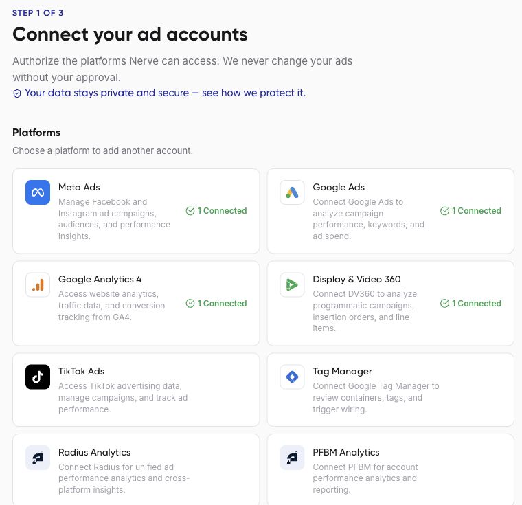 Upper connection cards including advertising and analytics platforms