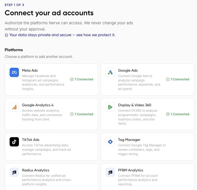 Upper connection cards including advertising and analytics platforms