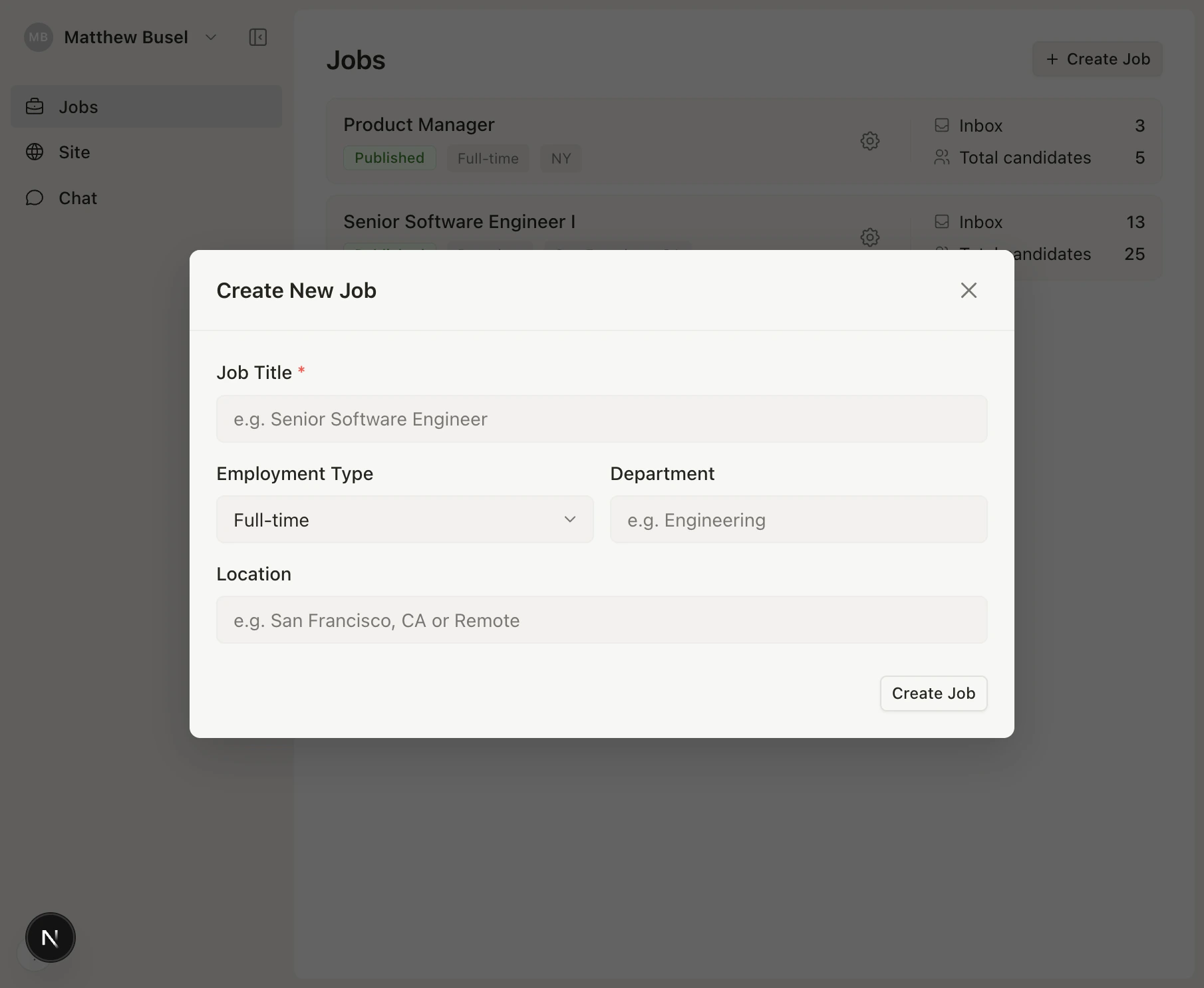 Create Job modal