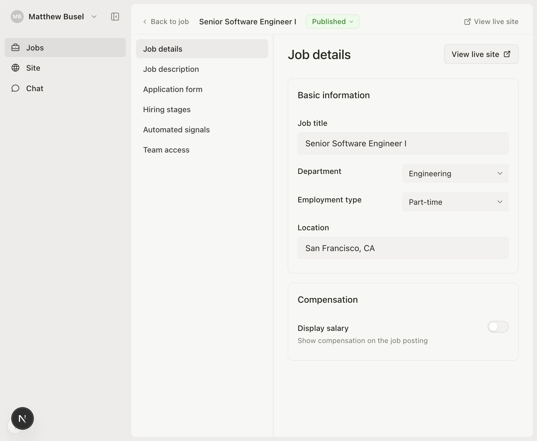 Job settings page