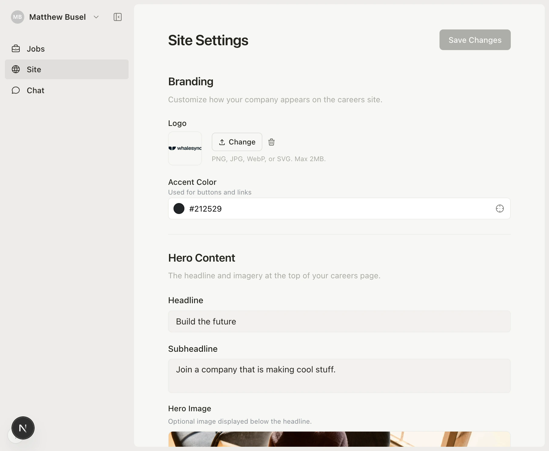 Site settings page