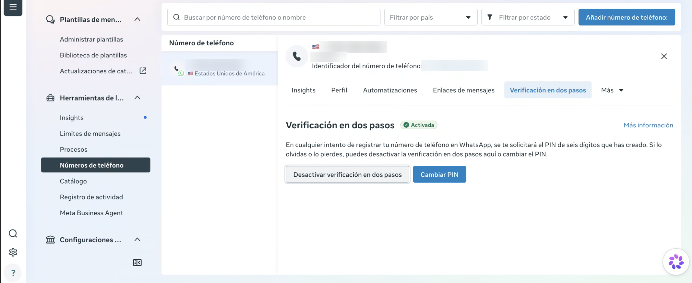 Pestaña Verificación en dos pasos de un número en WhatsApp Manager, con los botones Desactivar verificación en dos pasos y Cambiar PIN