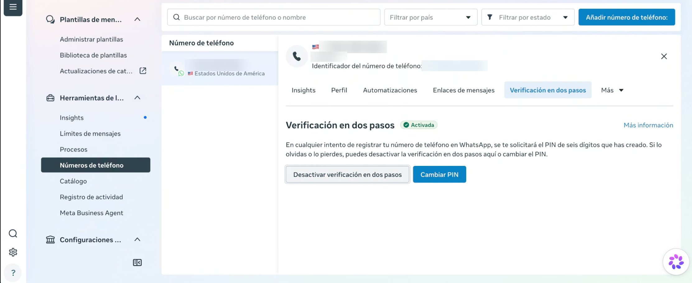 Pestaña Verificación en dos pasos de un número en WhatsApp Manager, con los botones Desactivar verificación en dos pasos y Cambiar PIN
