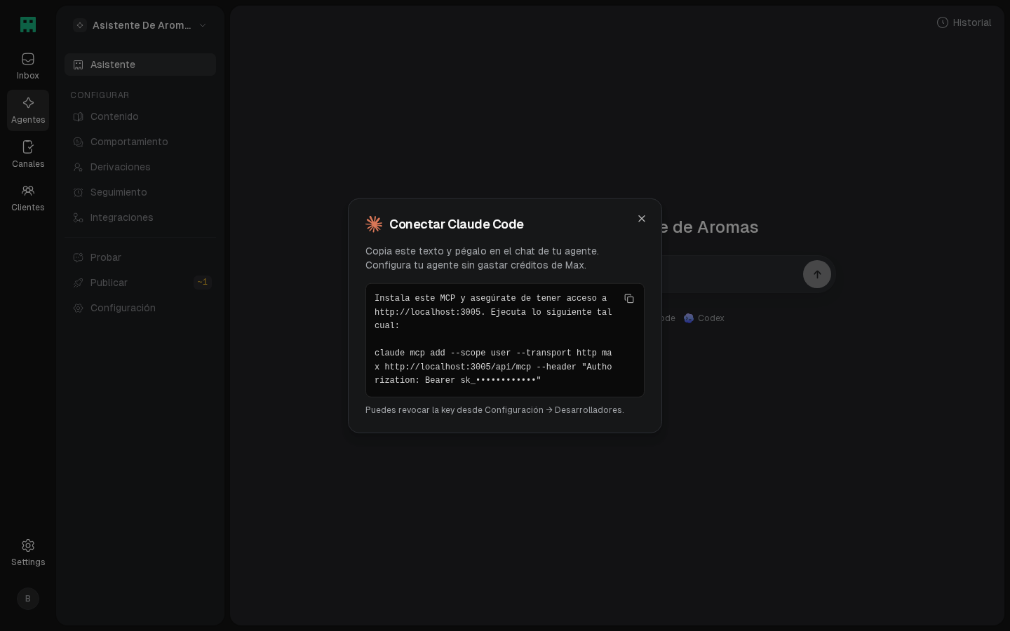 Diálogo para conectar Claude Code con el agente