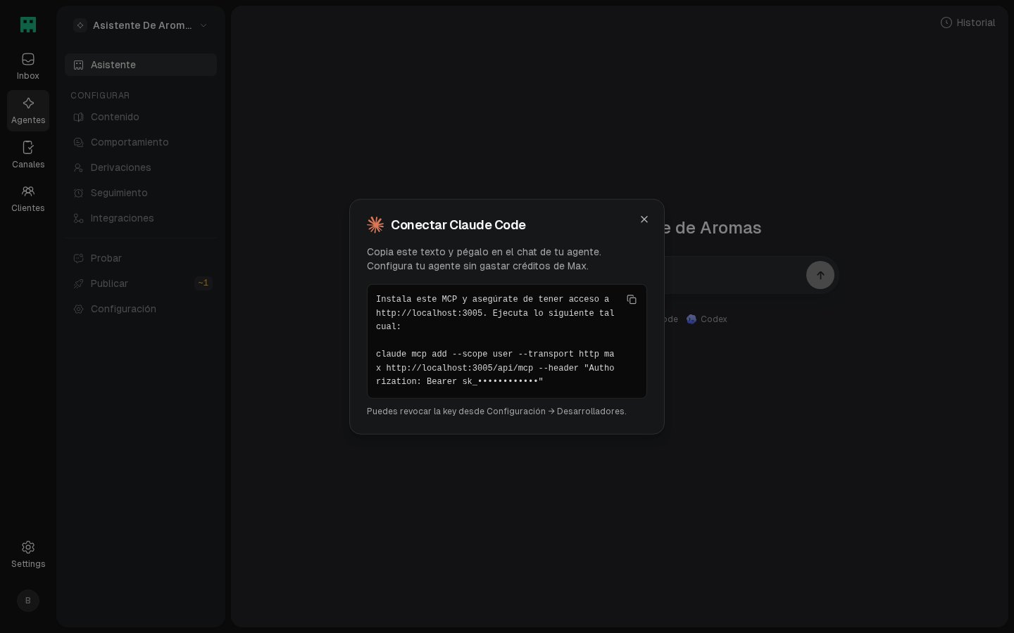 Diálogo para conectar Claude Code con el agente