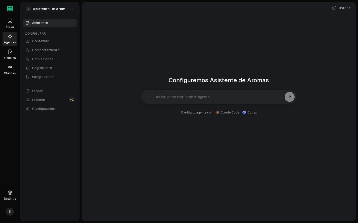 Portada del agente con el chat del asistente