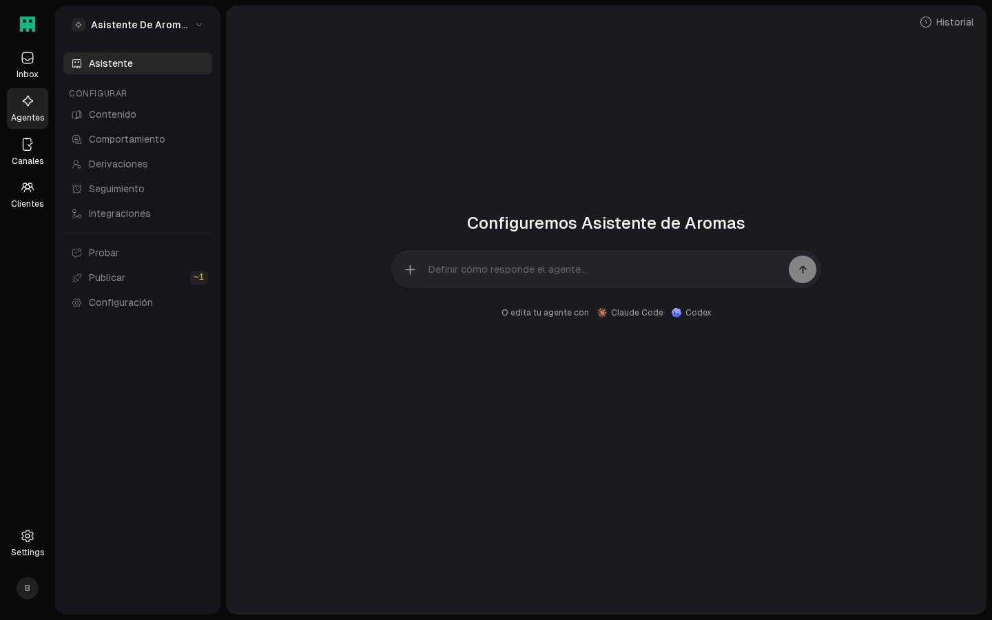 Portada del agente con el chat del asistente