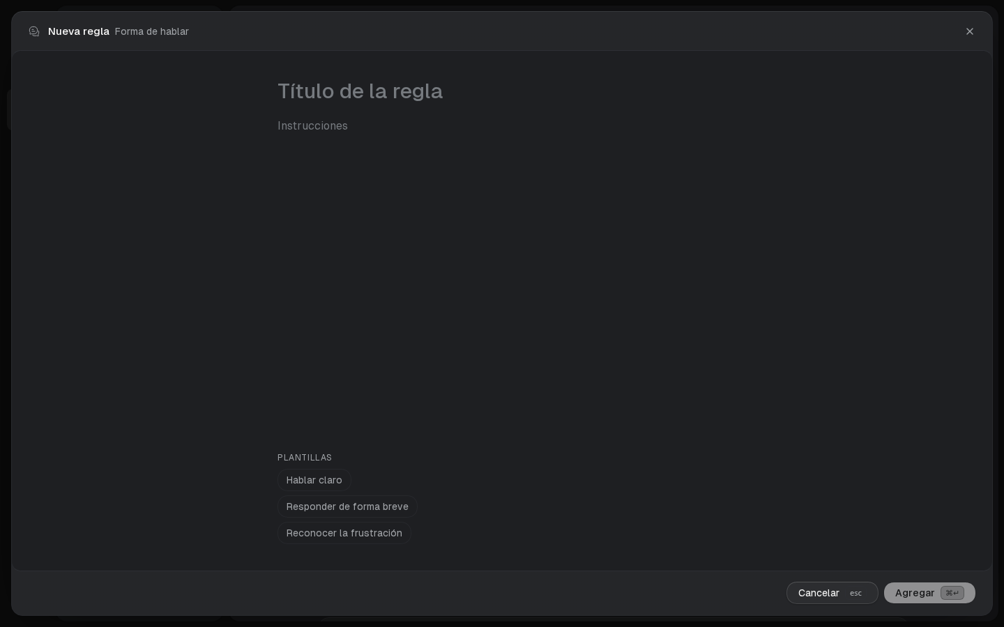 Modal de creación de regla con plantillas