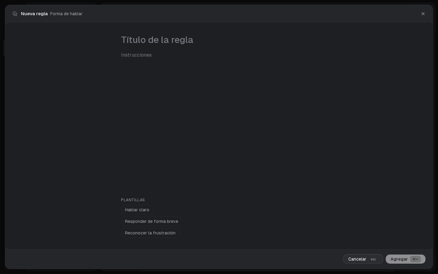 Modal de creación de regla con plantillas