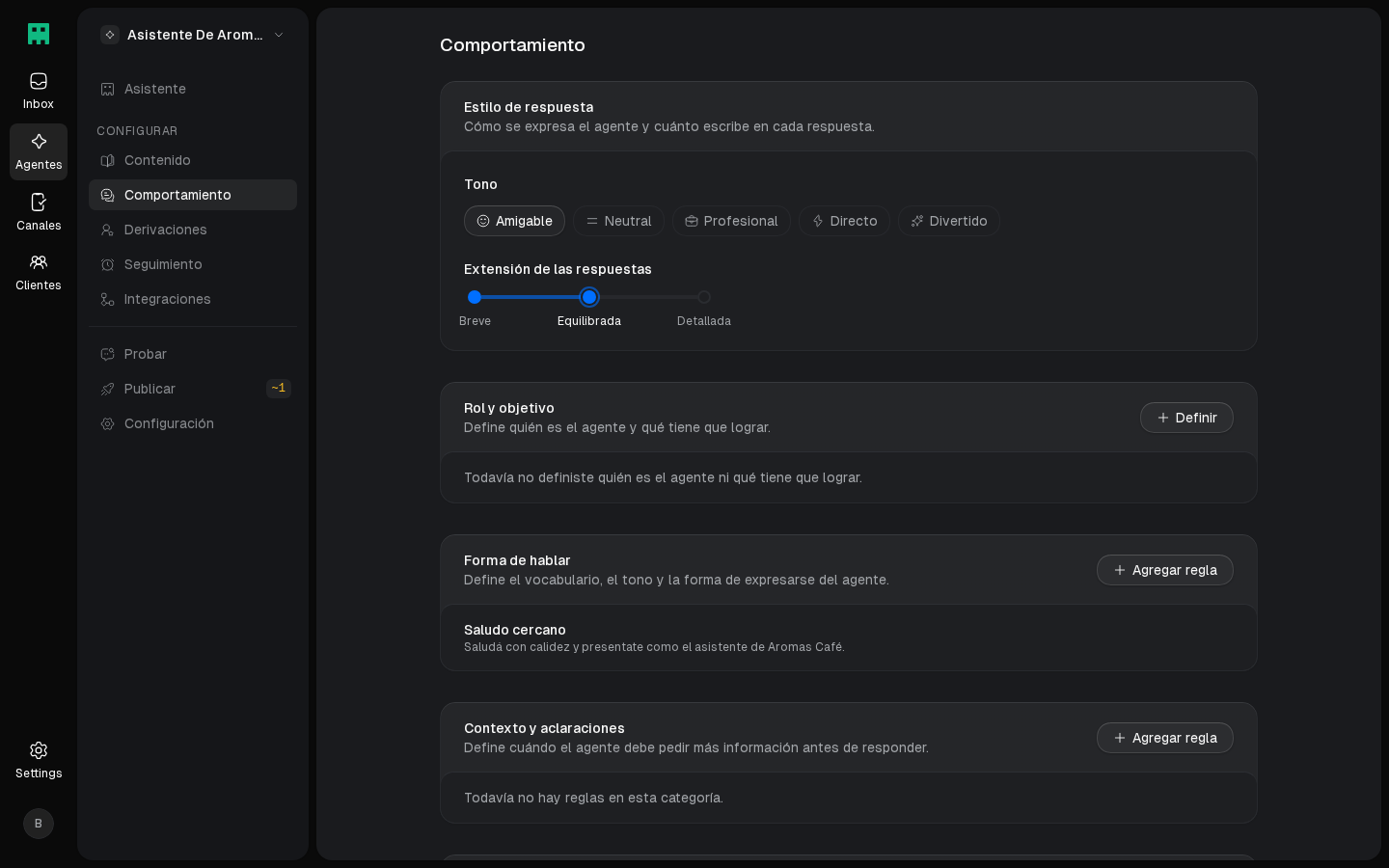 Editor de comportamiento con reglas cargadas