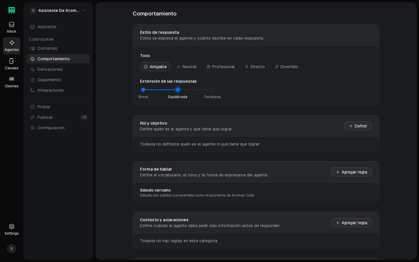 Editor de comportamiento con reglas cargadas