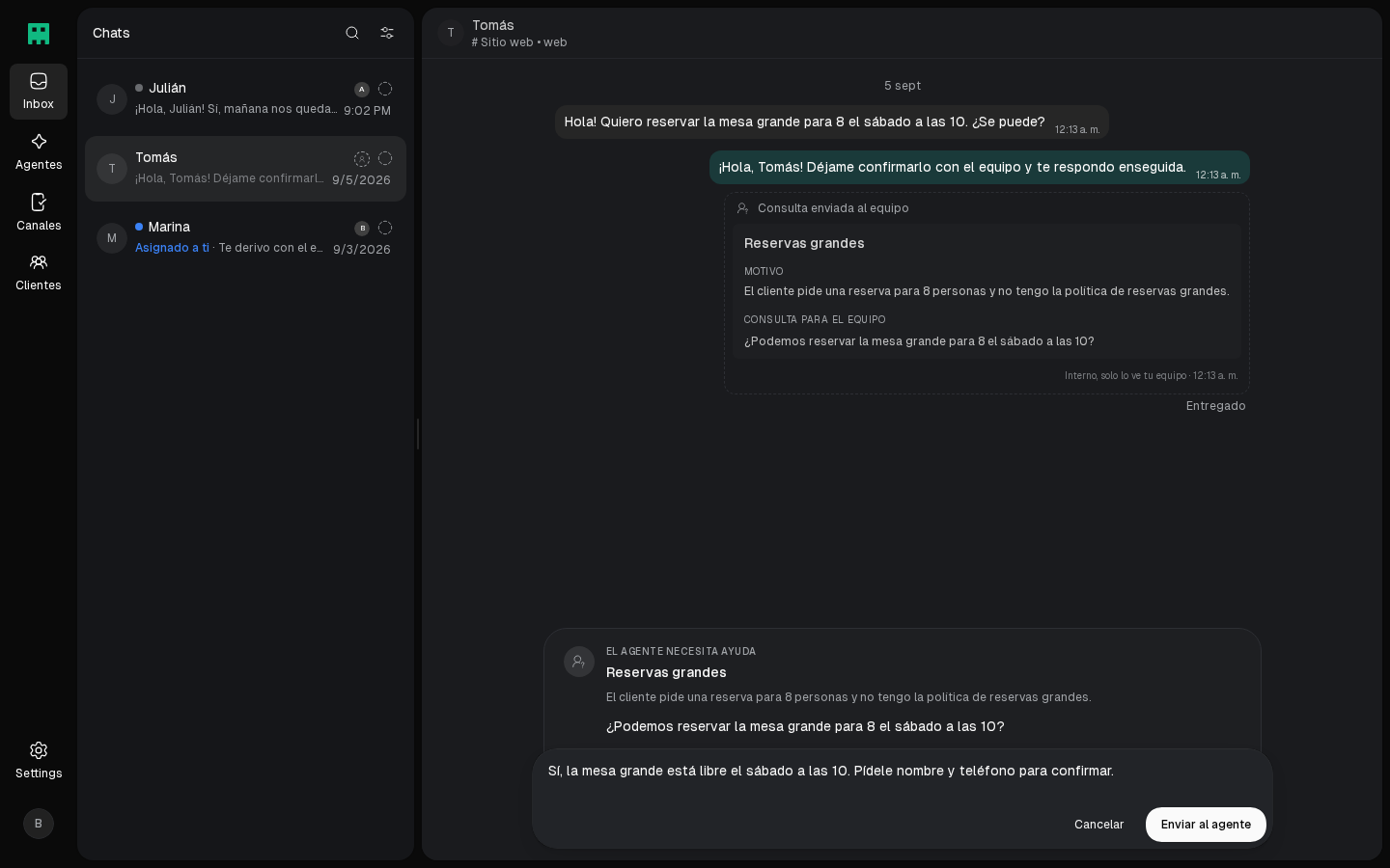 Respuesta al agente antes de enviarla