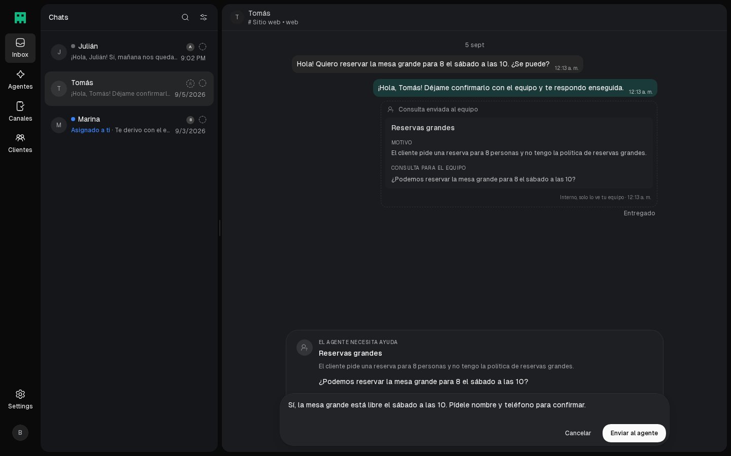 Respuesta al agente antes de enviarla