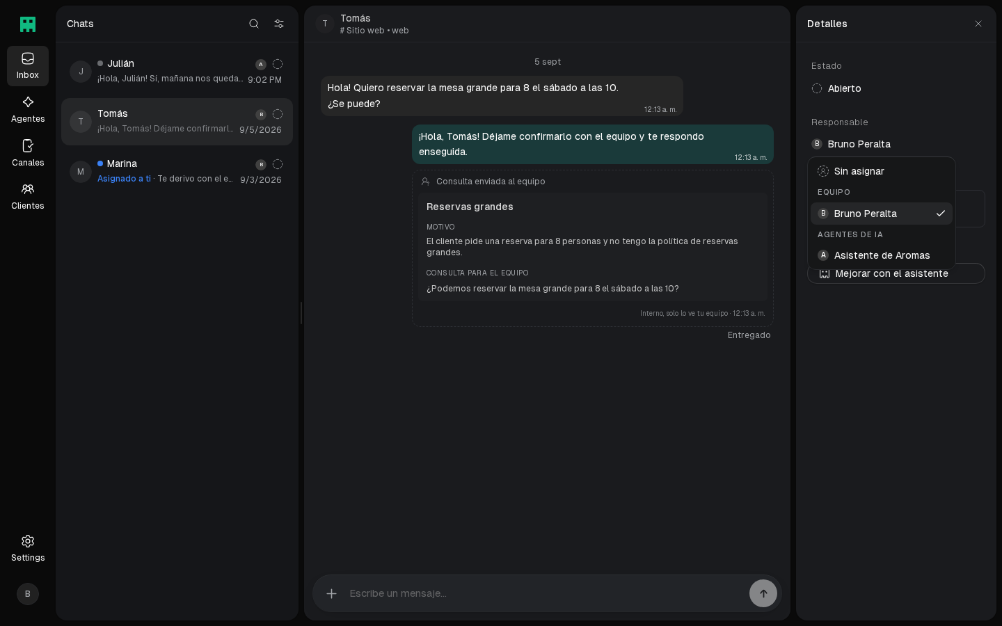Selector de responsable con el equipo y los agentes