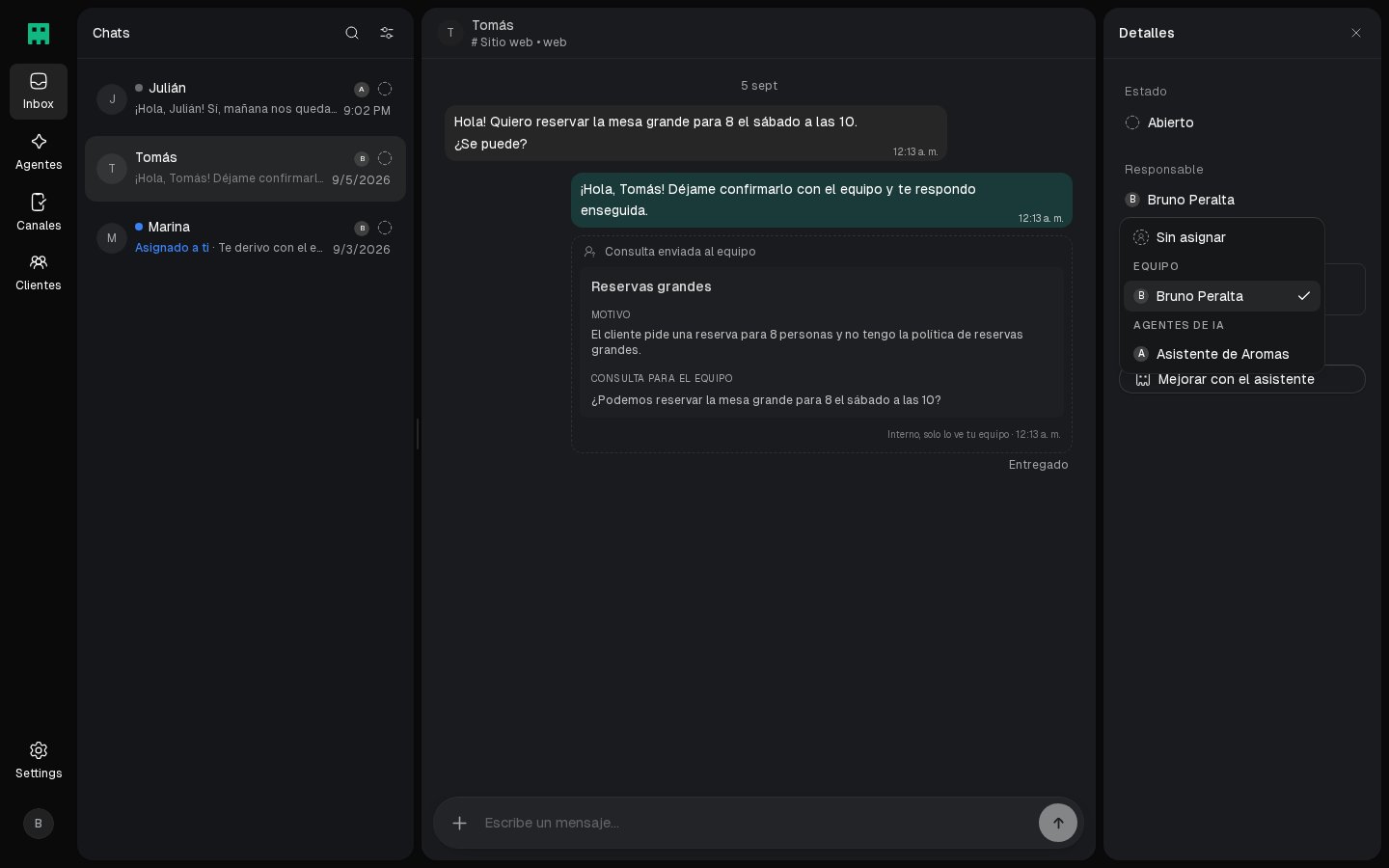 Selector de responsable con el equipo y los agentes