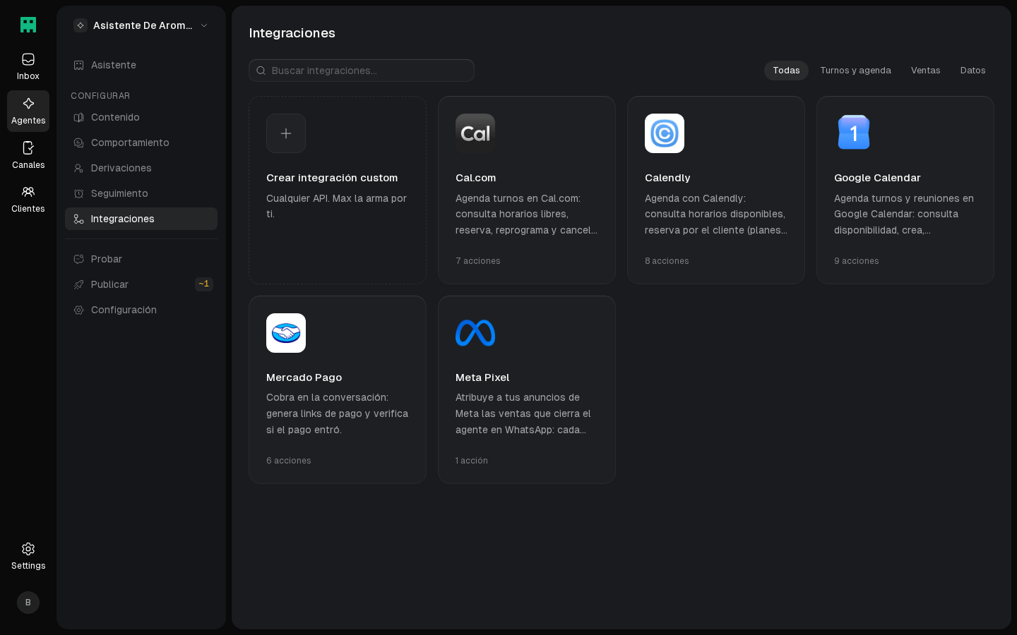 Integraciones disponibles desde la página del agente