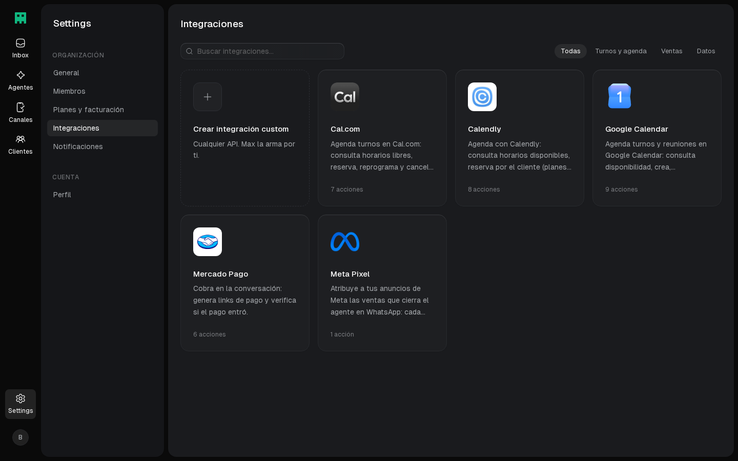 Catálogo de integraciones del workspace