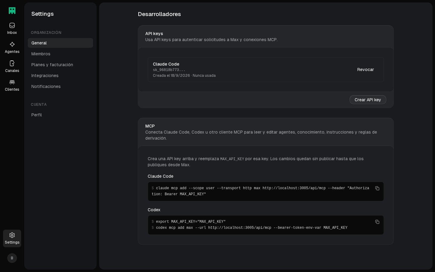 Pantalla de API keys en Desarrolladores
