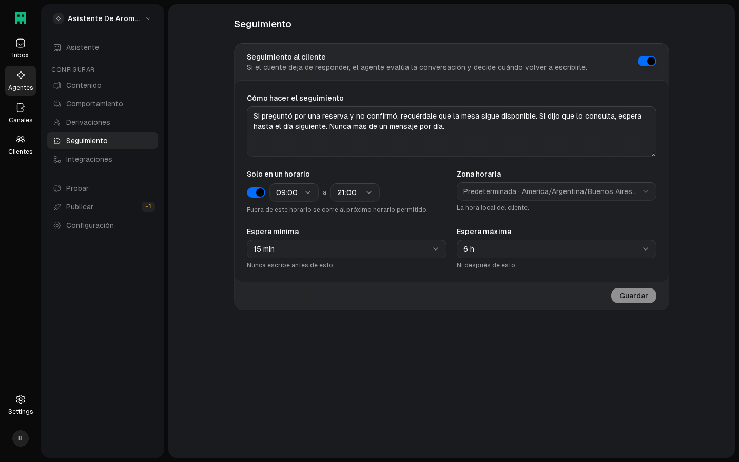 Seguimiento activado con sus instrucciones, horario y esperas