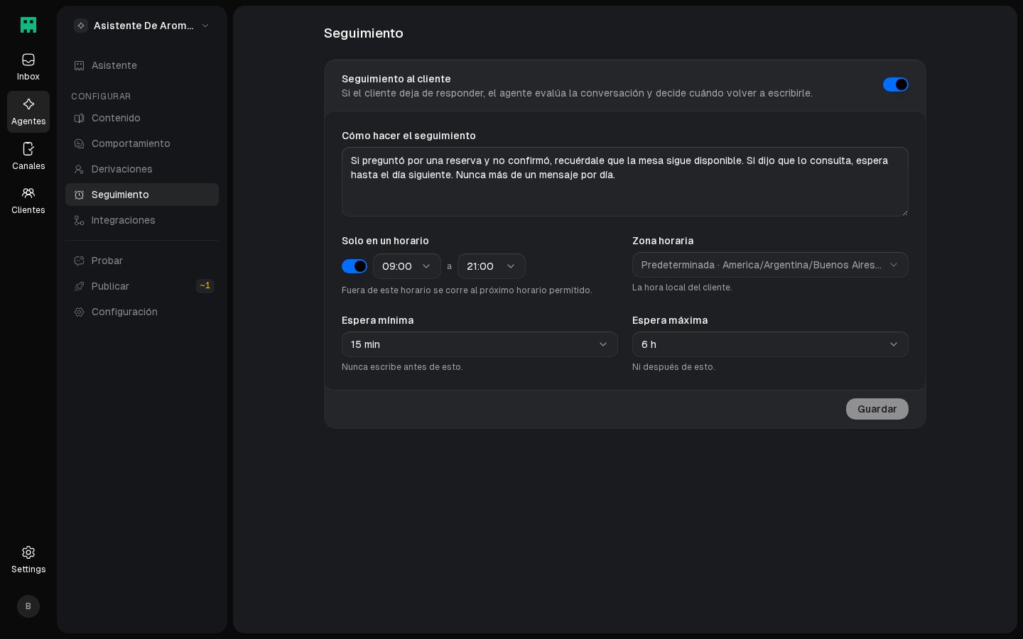 Seguimiento activado con sus instrucciones, horario y esperas
