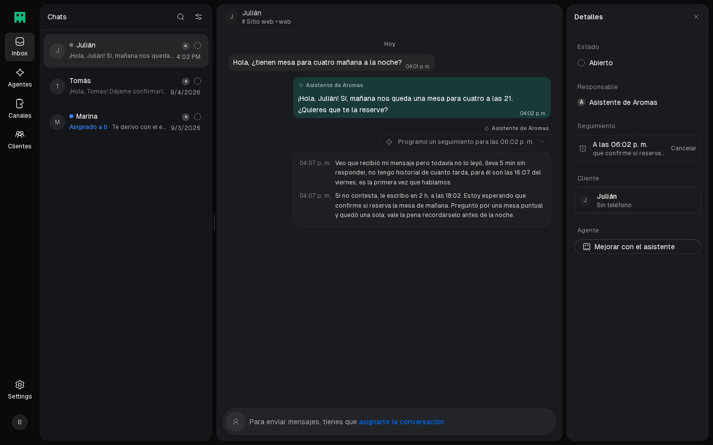Panel de detalles con el seguimiento programado y la opción de cancelarlo