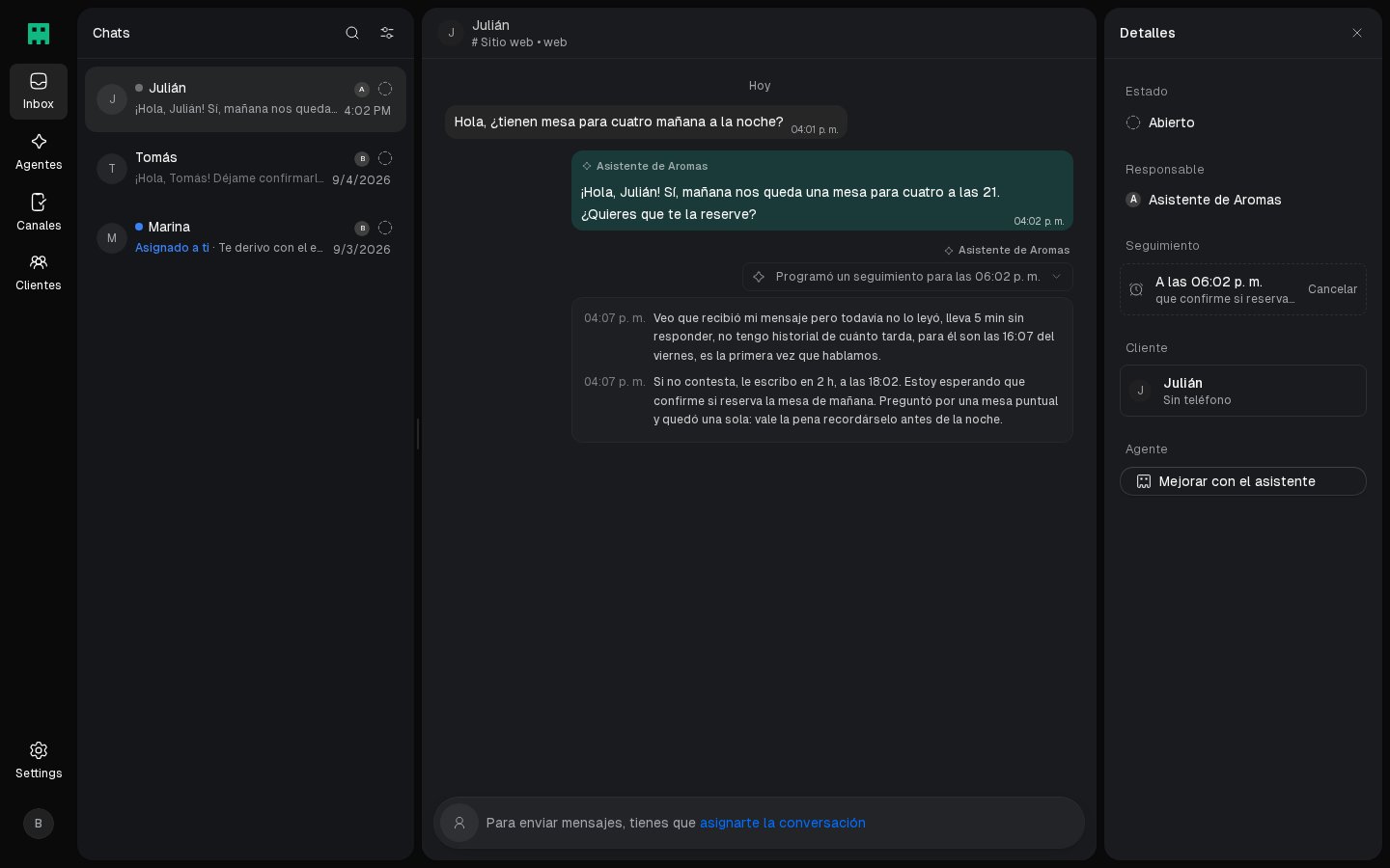 Panel de detalles con el seguimiento programado y la opción de cancelarlo