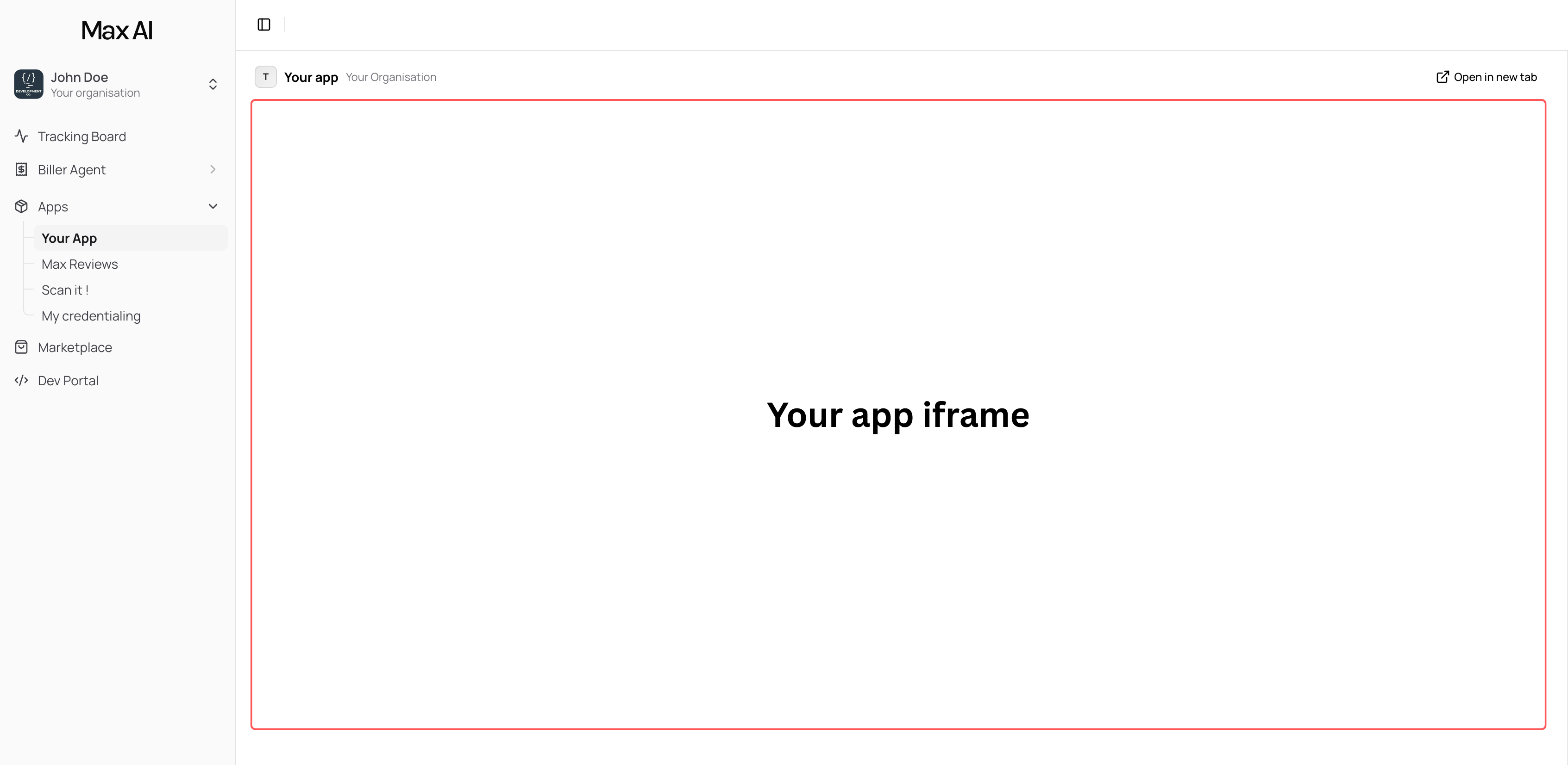 Your app running as an iframe inside the Max AI dashboard