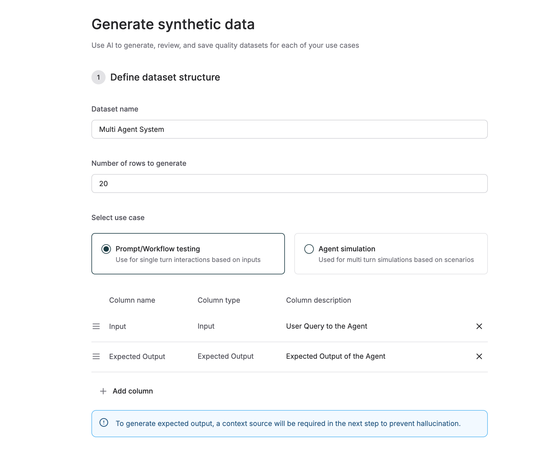 Basic configuration form showing dataset name, row count, and use case selection