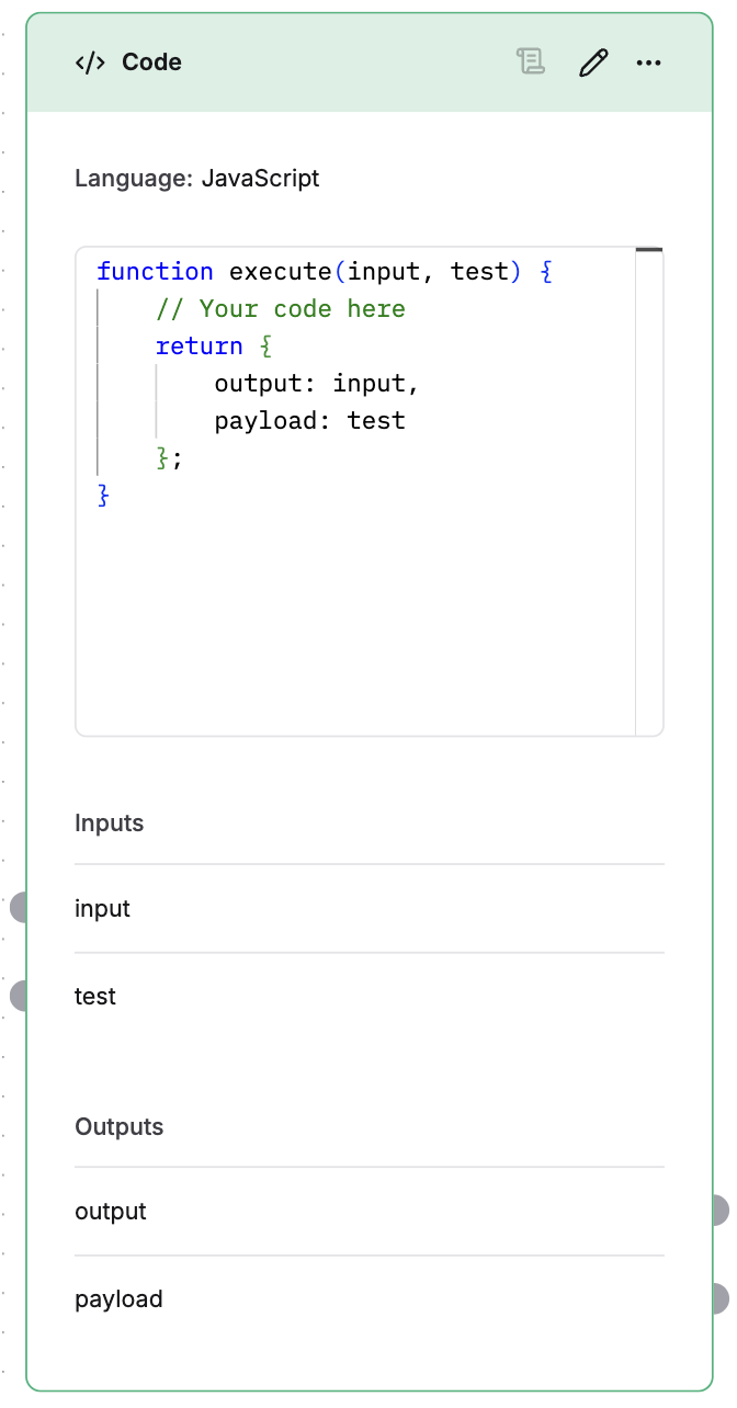 Example of a Code node with JavaScript editor