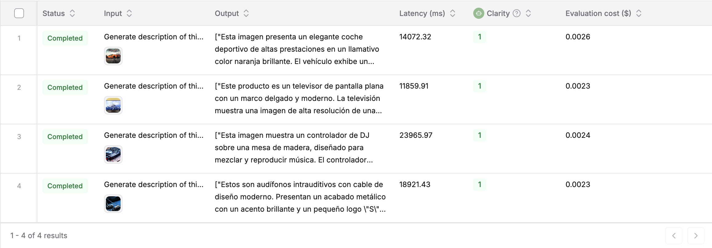 Test run results showing performance metrics