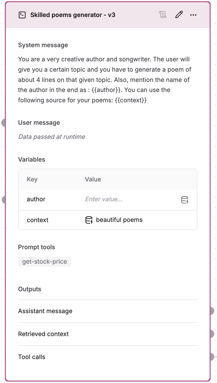 Example of a Prompt node in the editor