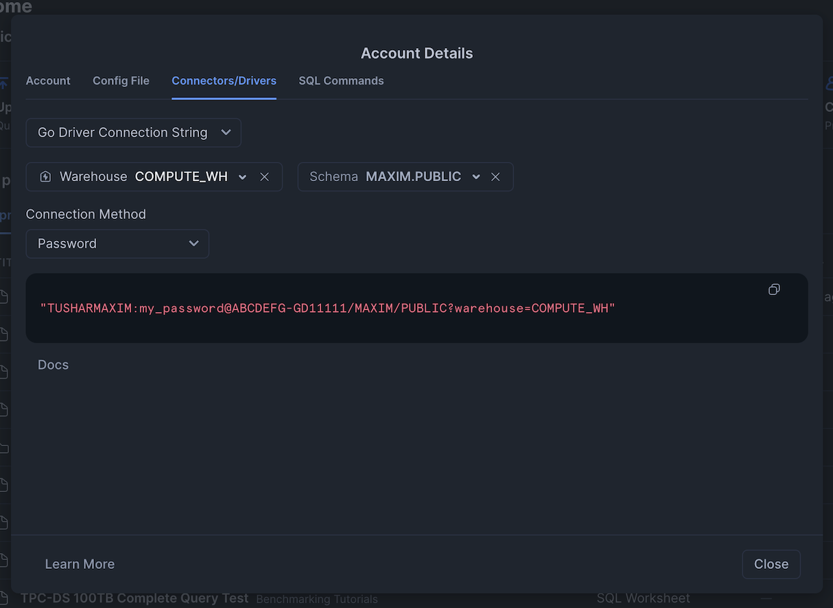 Snowflake connection string dialog