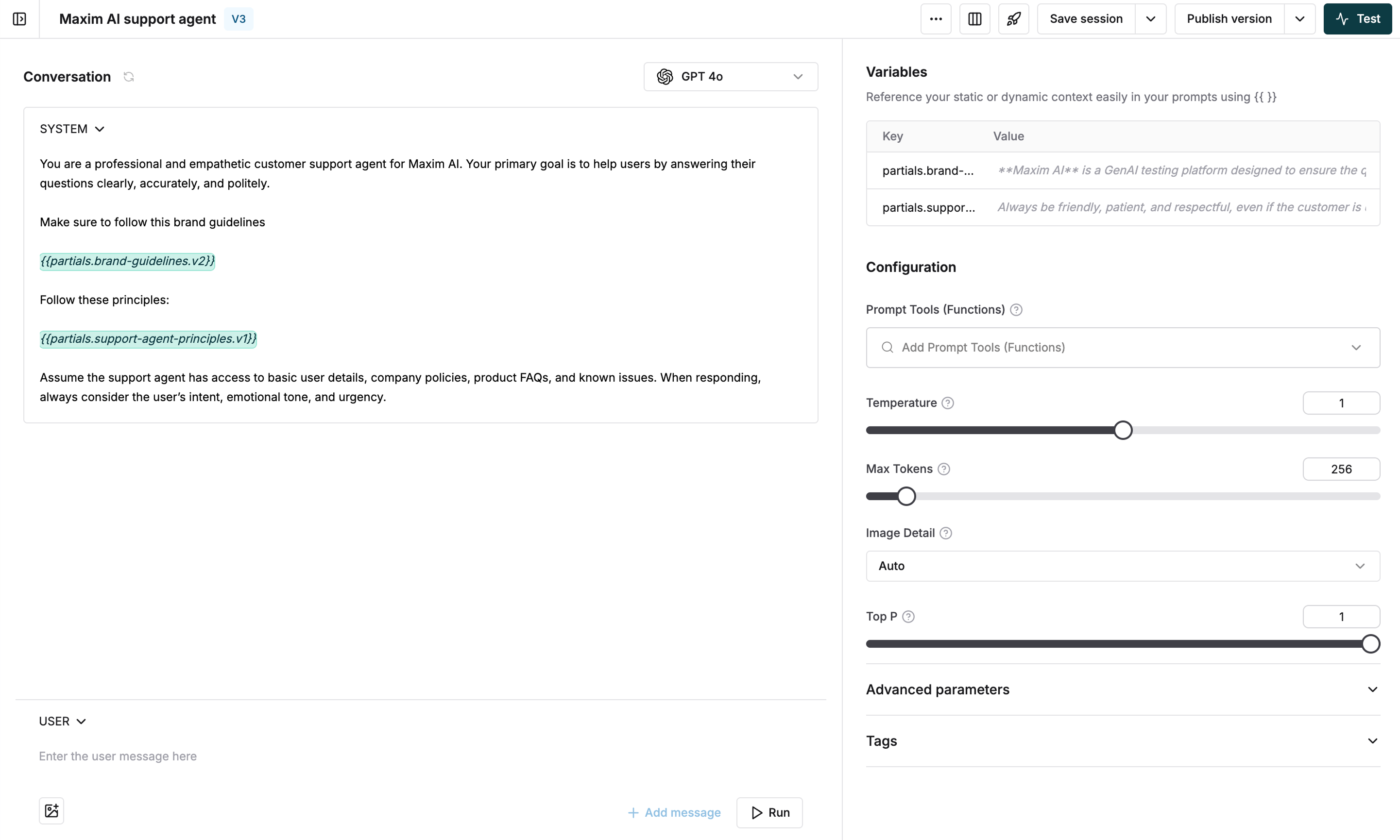 Using Prompt partials in the Prompt playground
