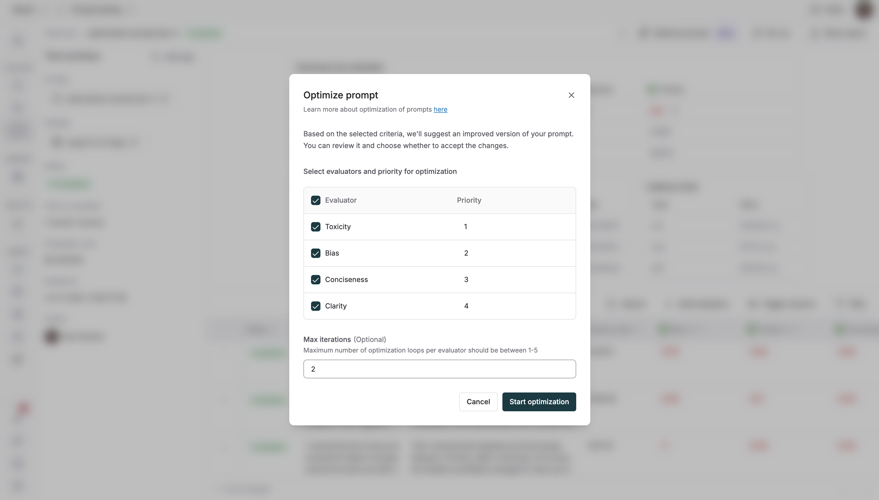 Optimization dialog with configuration options