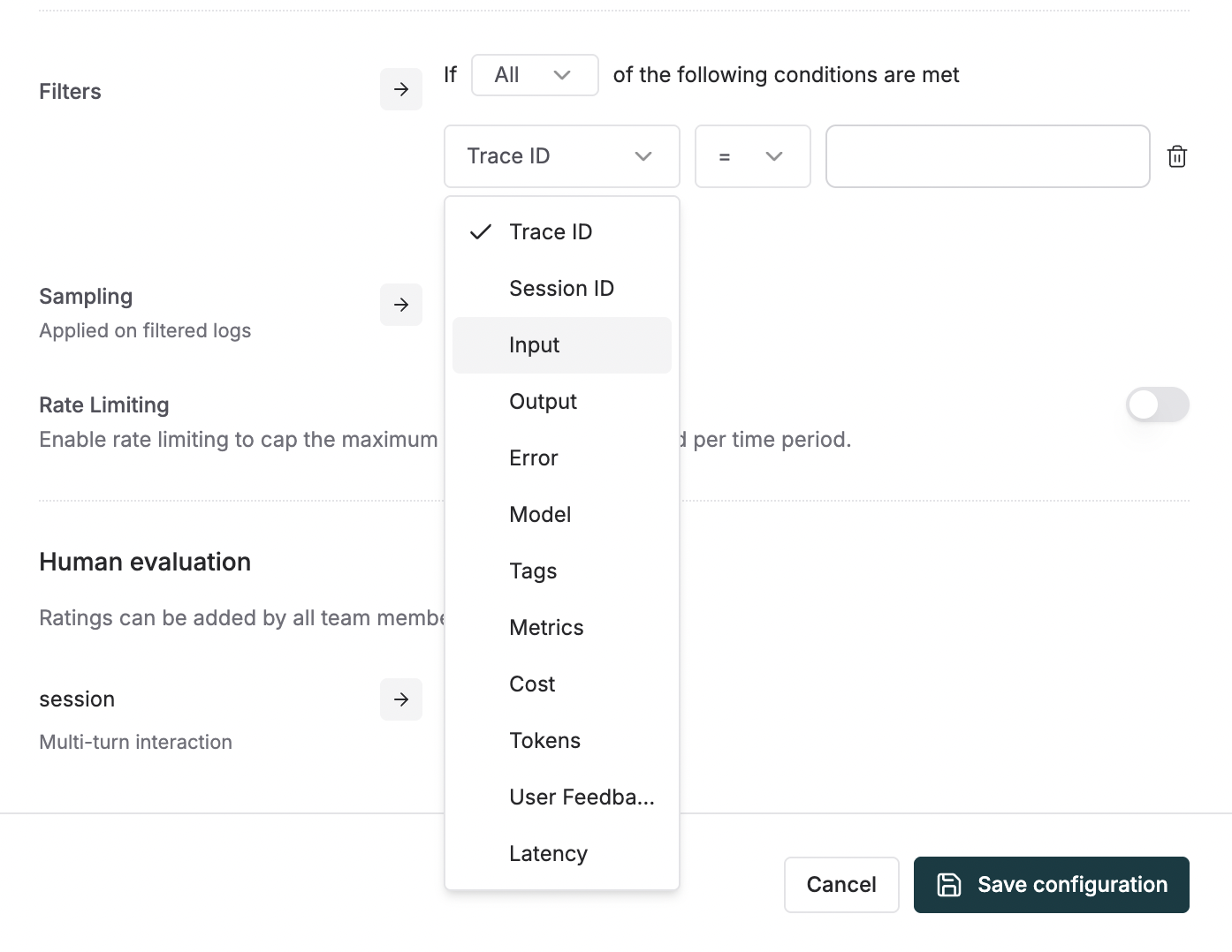 Screenshot of filters and sampling