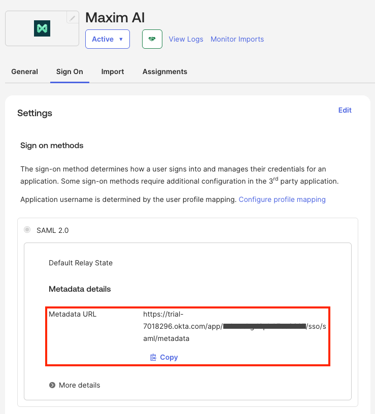 Copy IdP metadata URL