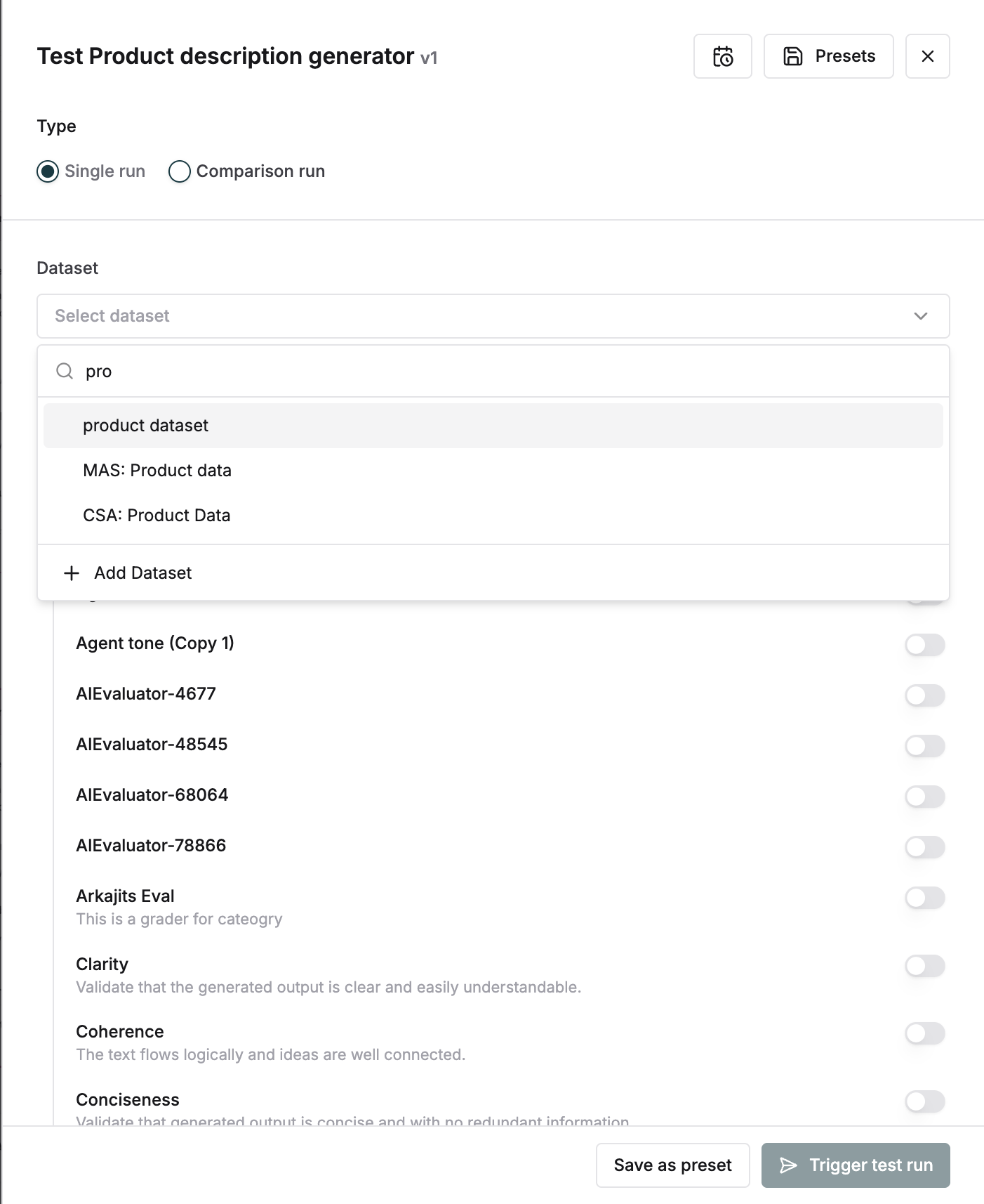 Test configuration with dataset and evaluator options