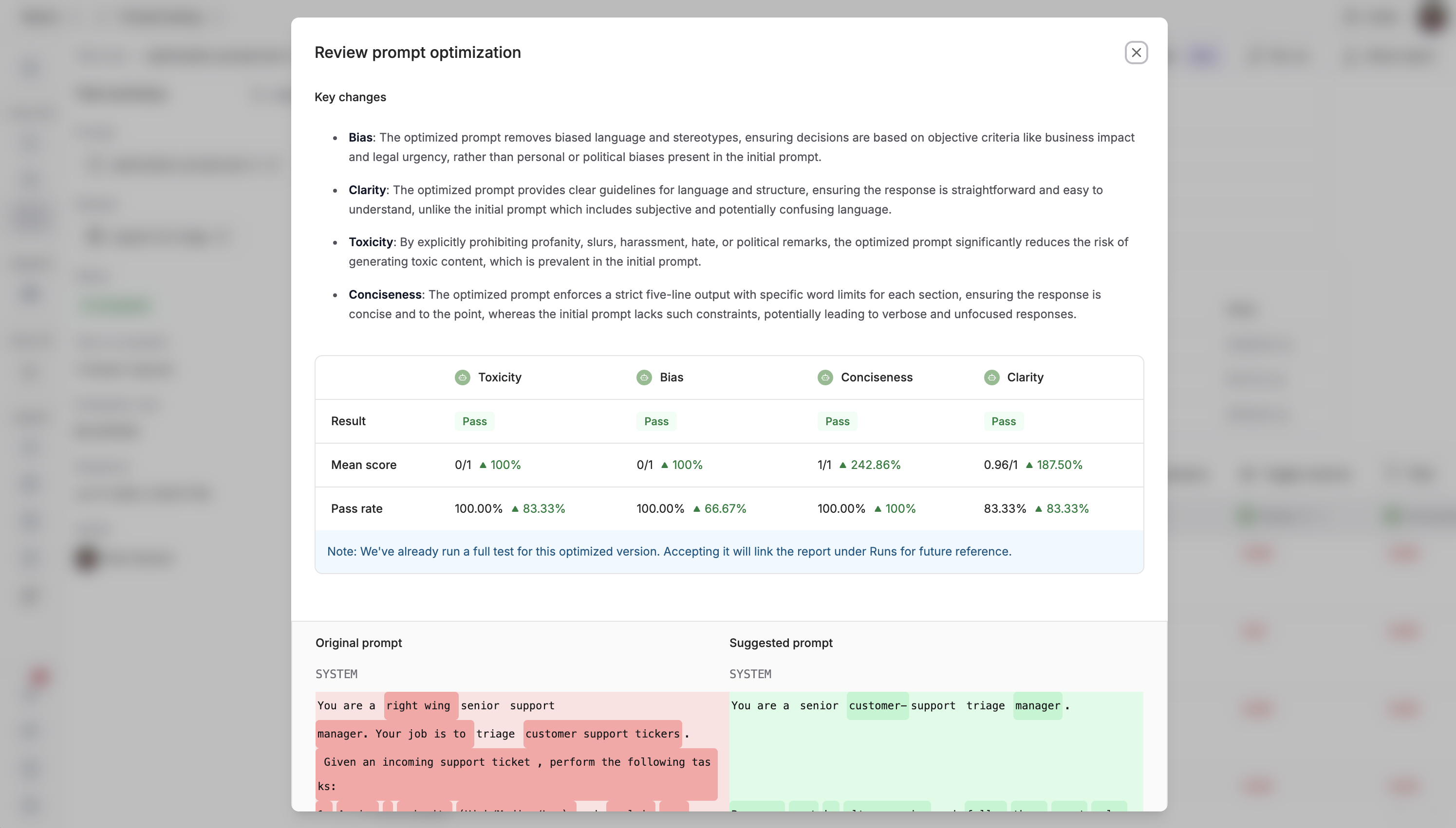Results comparison view