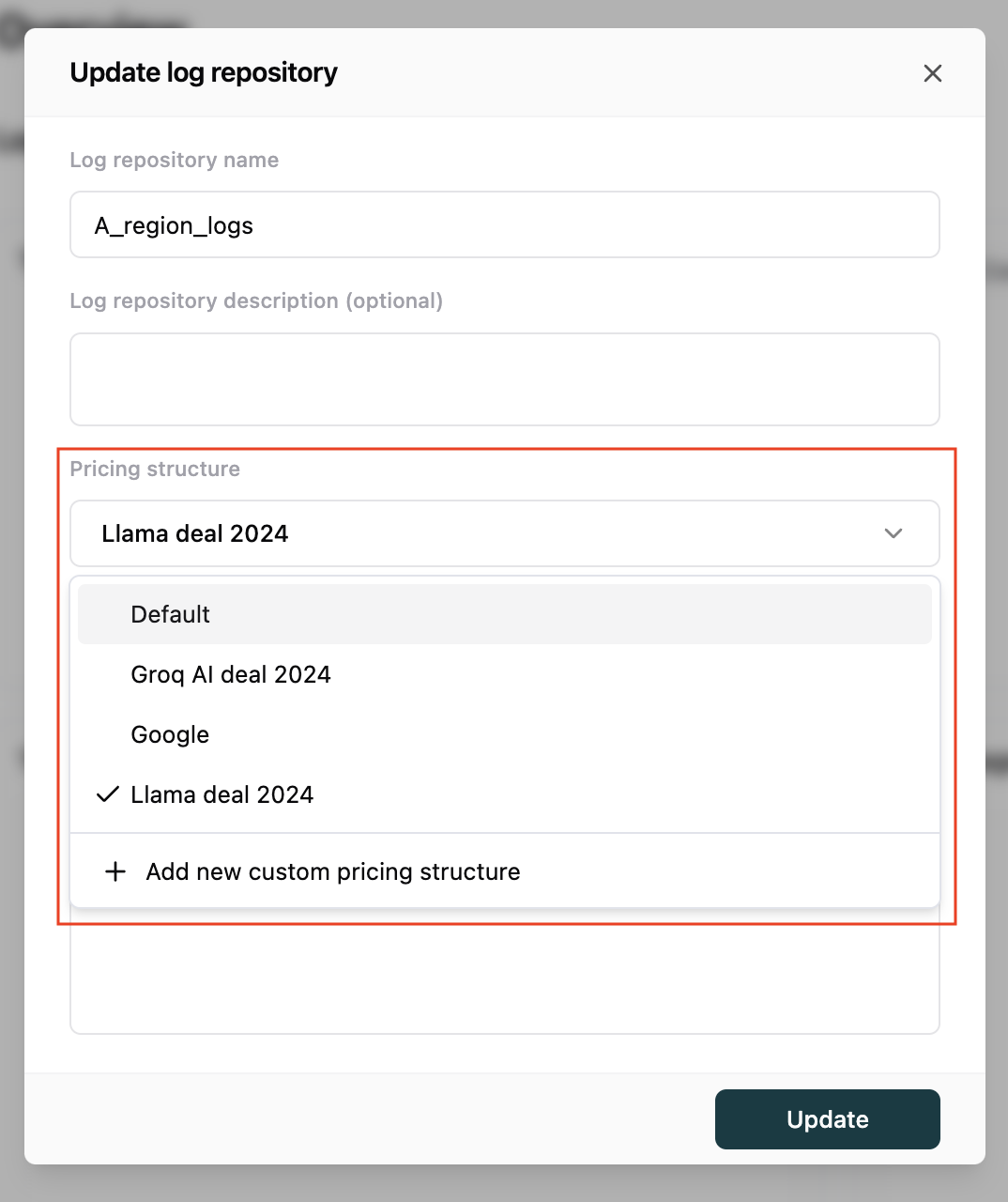 Attach pricing structure to log repository