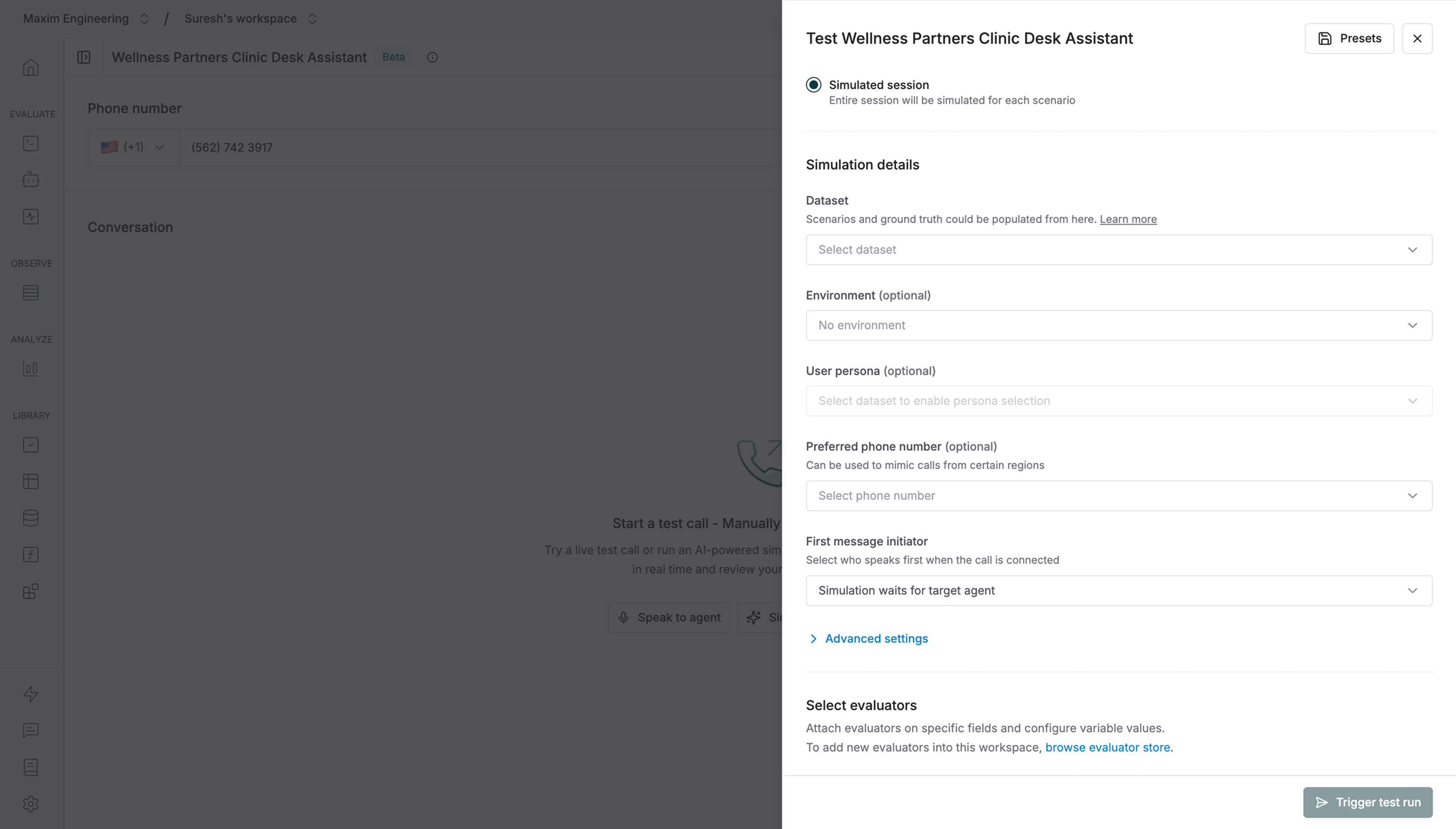 Configure simulation test run