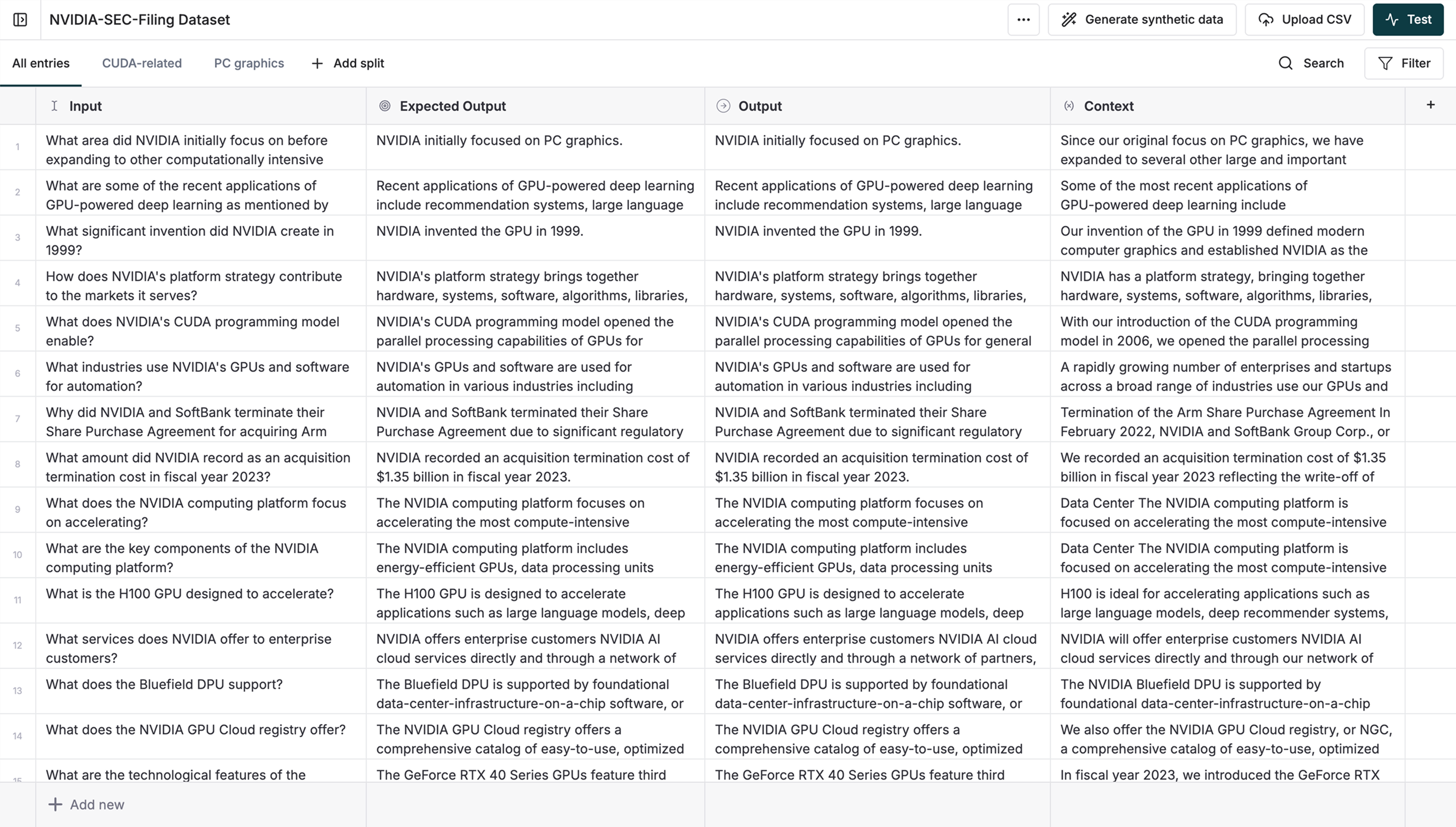 Configure Test Run for Datasets