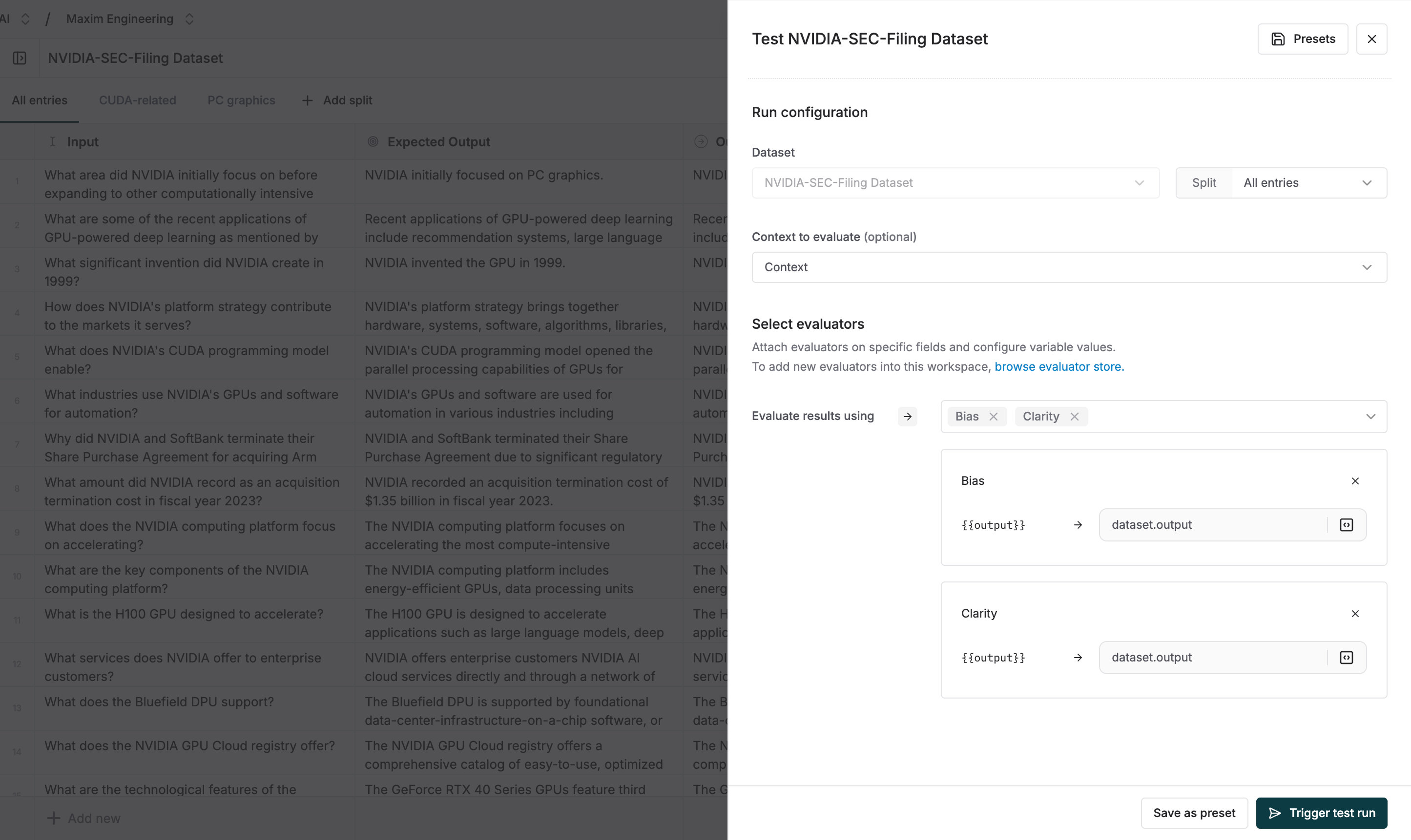 Configure Test Run for Datasets