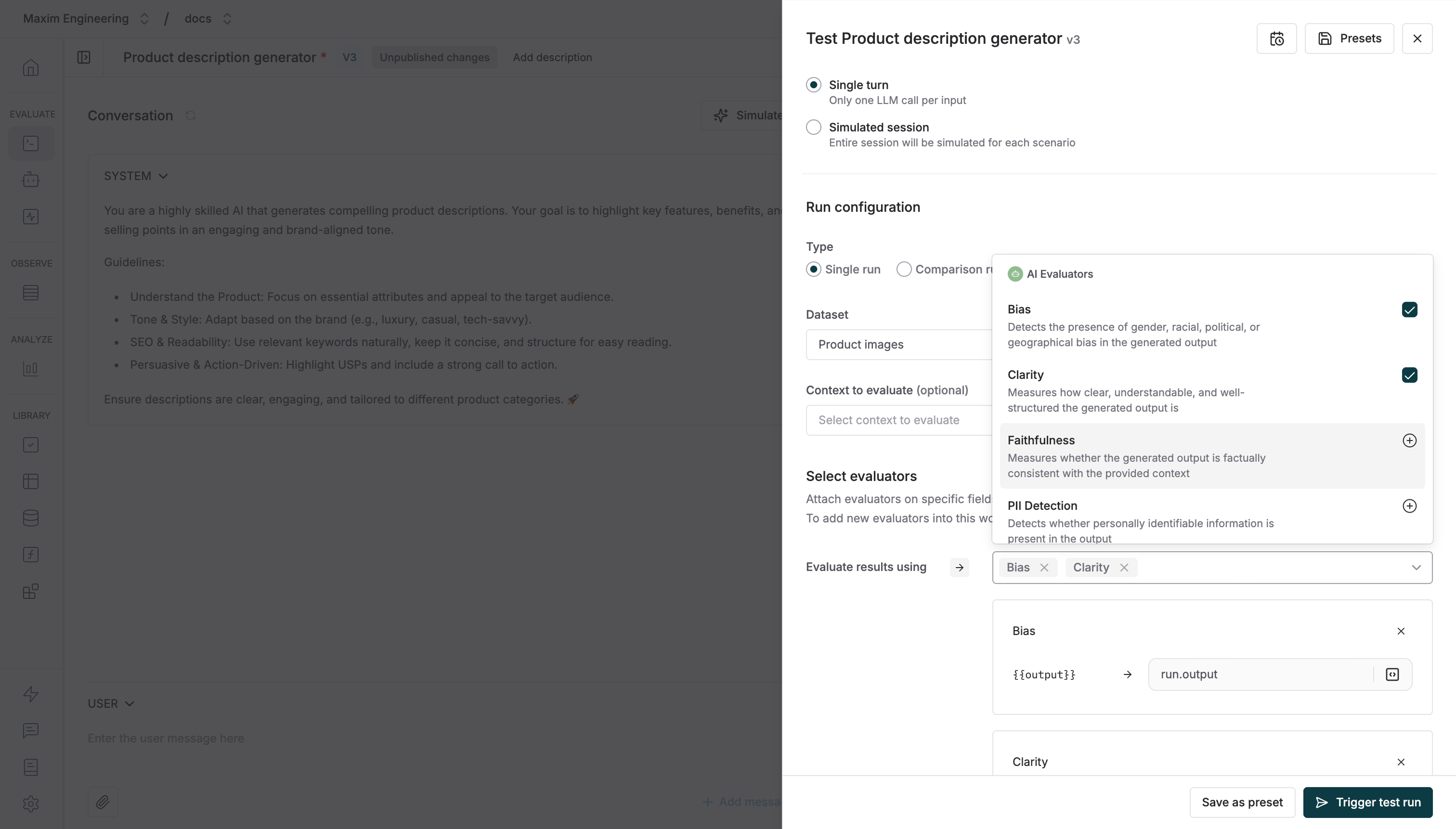 Test configuration sheet showing dataset and evaluator selection