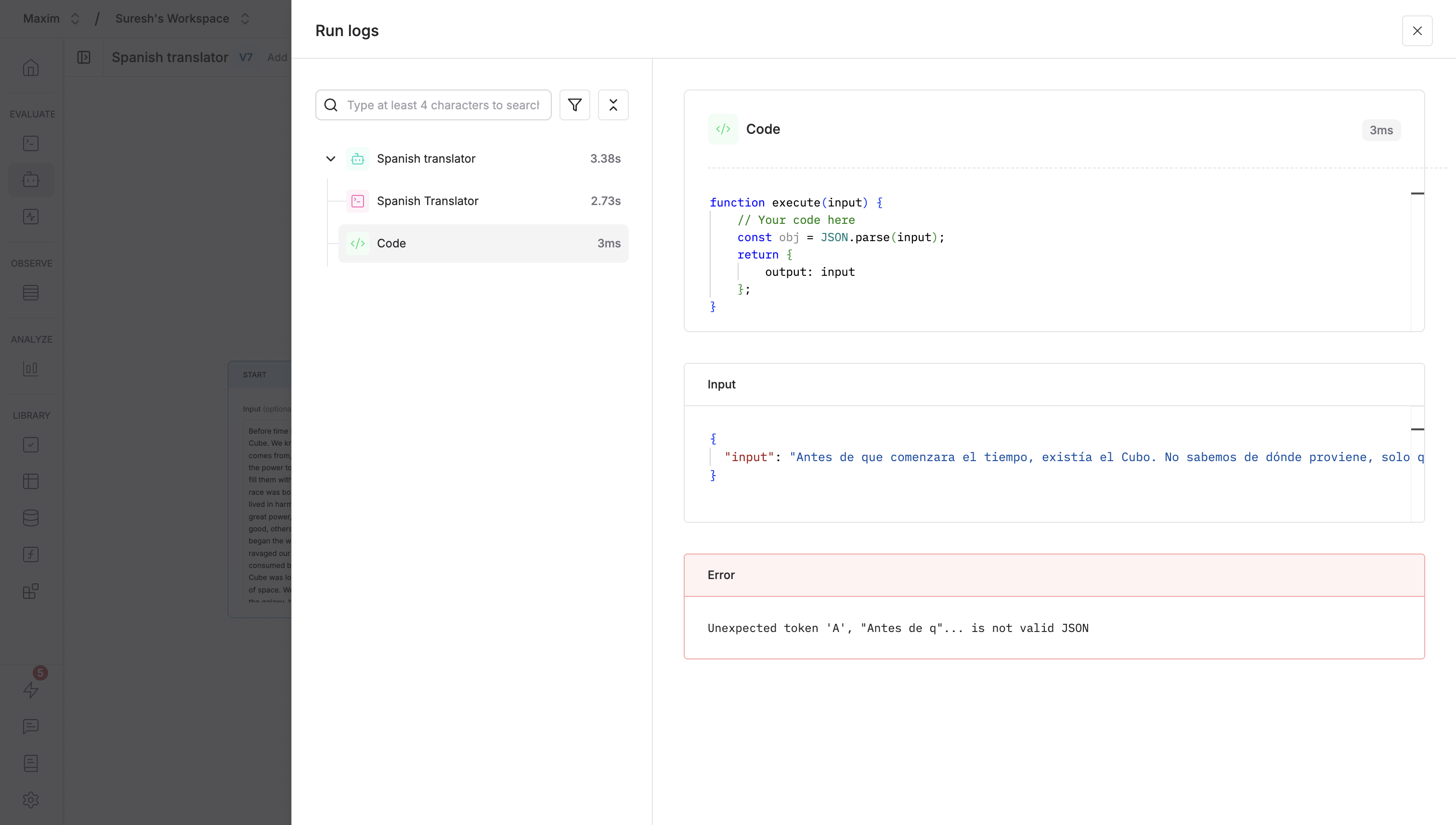 Traces shown for error details for a node in an Agent