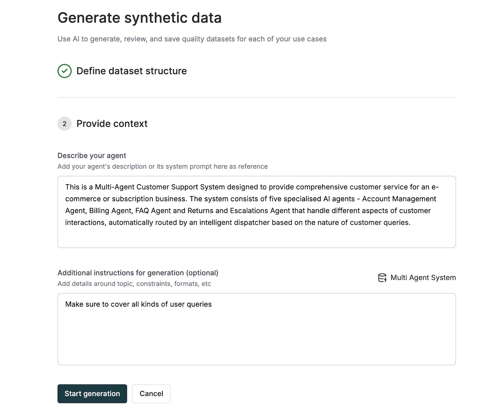 Agent and context configuration form with description fields and document upload