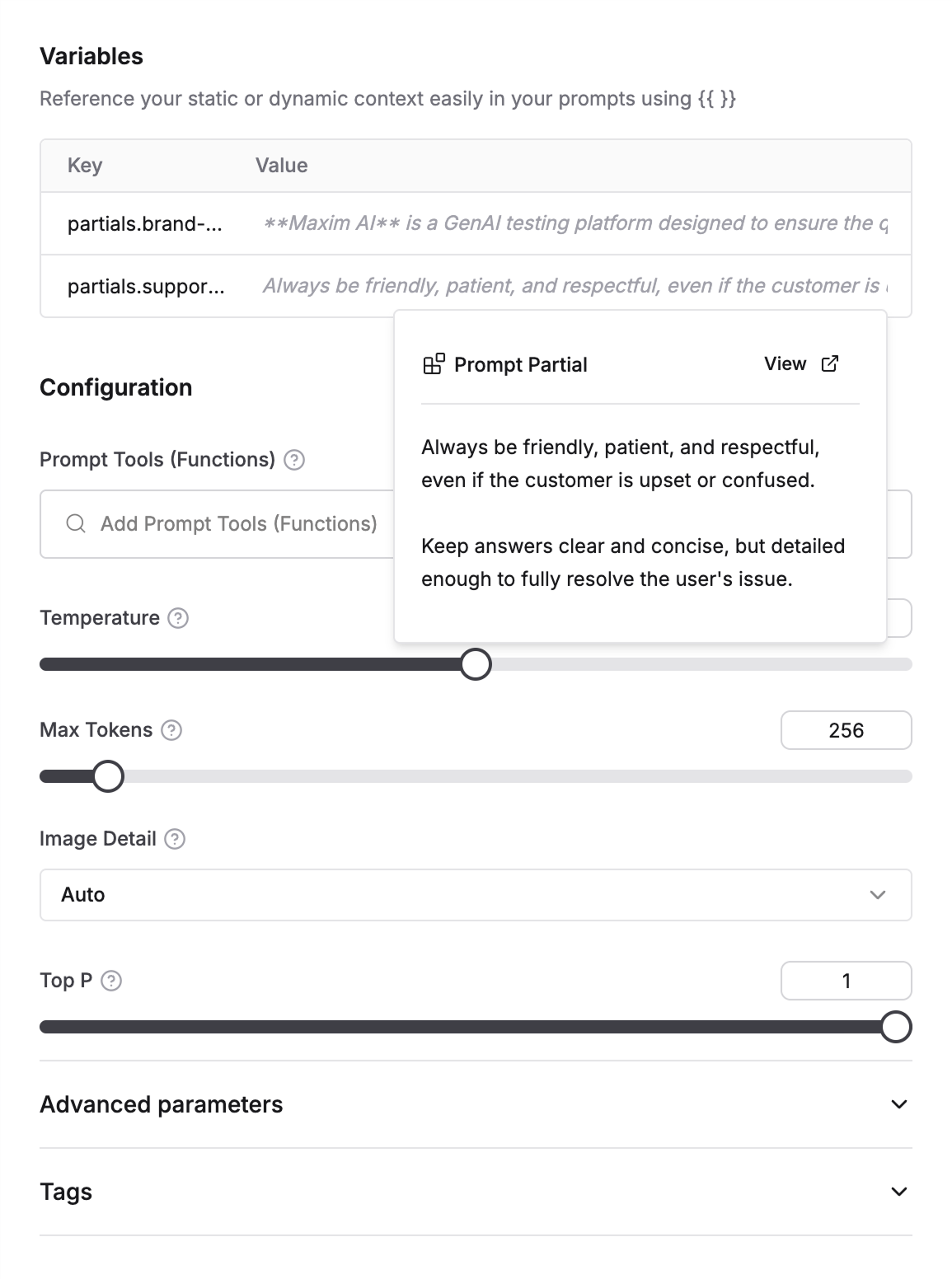 Variables view with Prompt partials