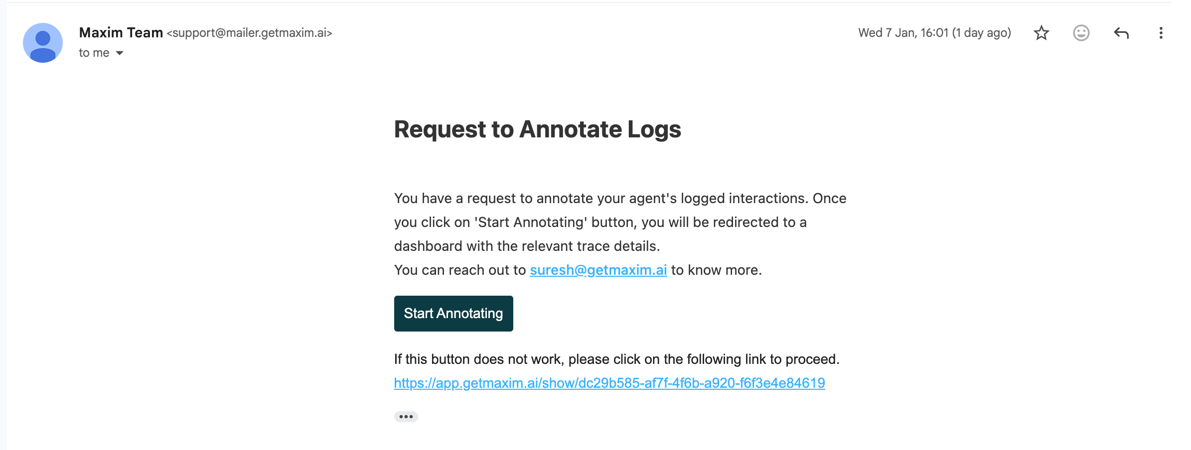 Screenshot of the email with the link to the annotation dashboard