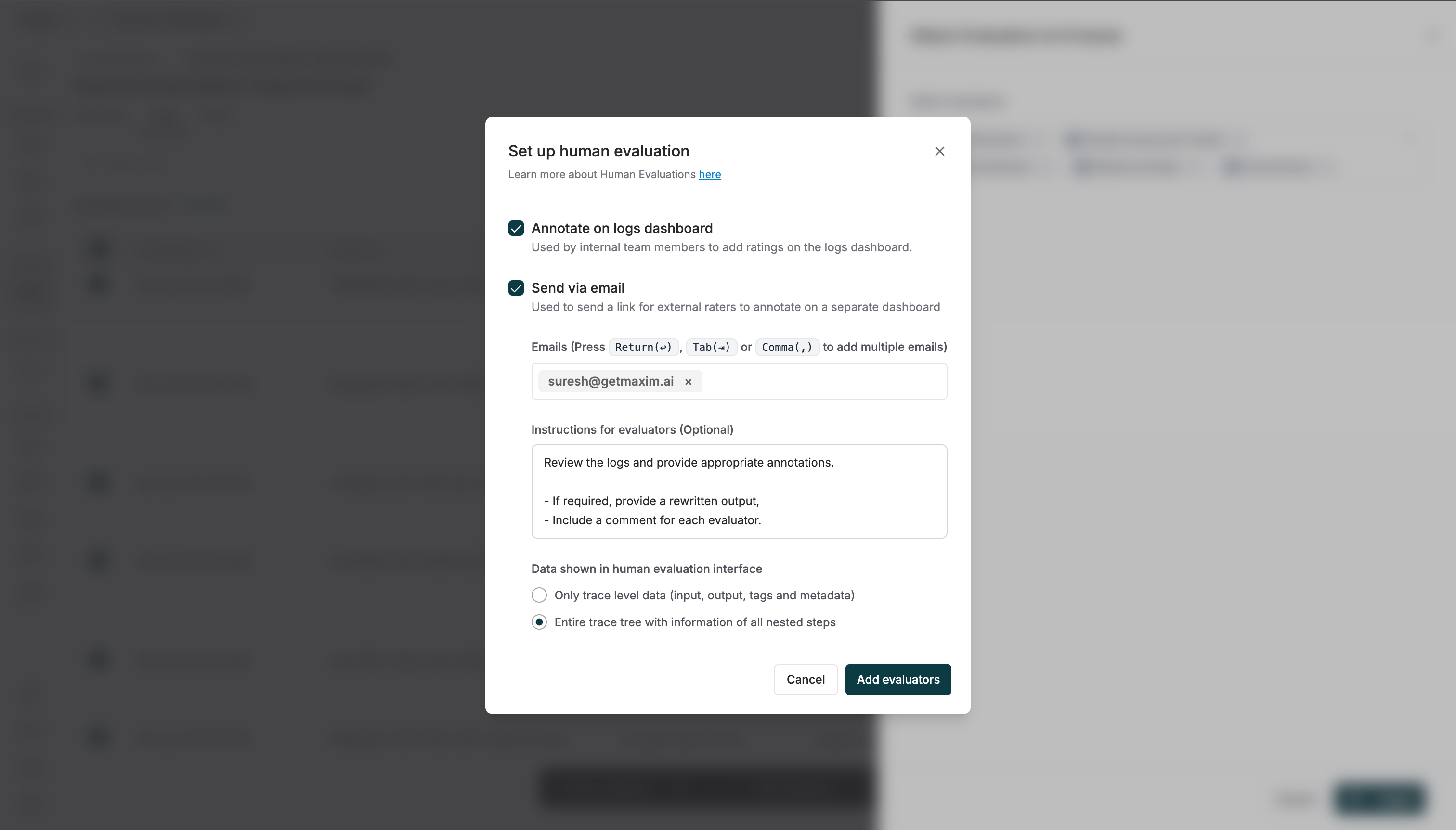 Screenshot of the human evaluation dialog
