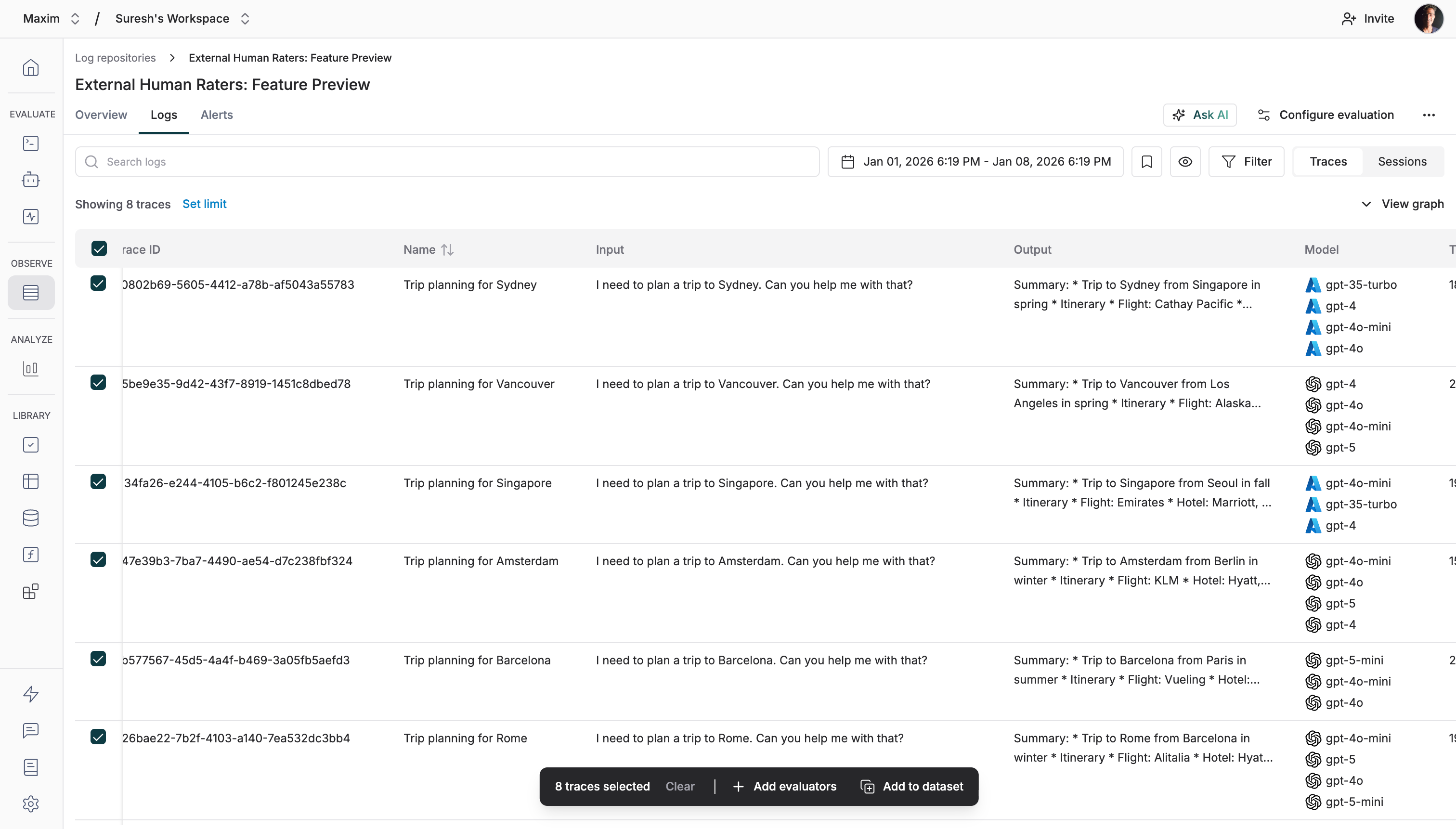 Screenshot of the select traces for annotation