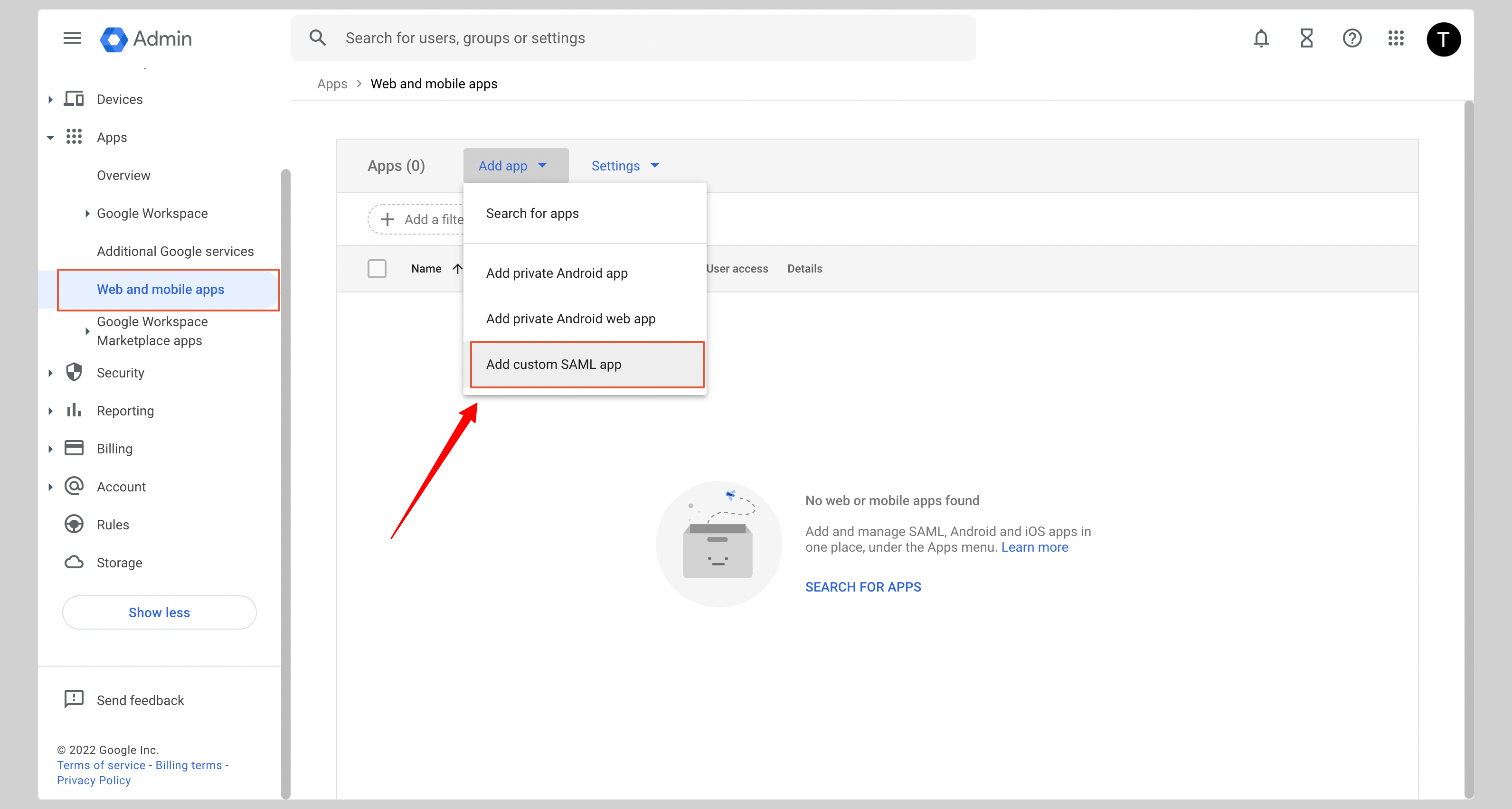 Create custom SAML app